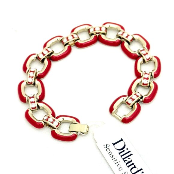 Red and Gold Tone Enamel Link Bracelet with Rhinestones by Dillard's - NWT - Picture 3 of 7